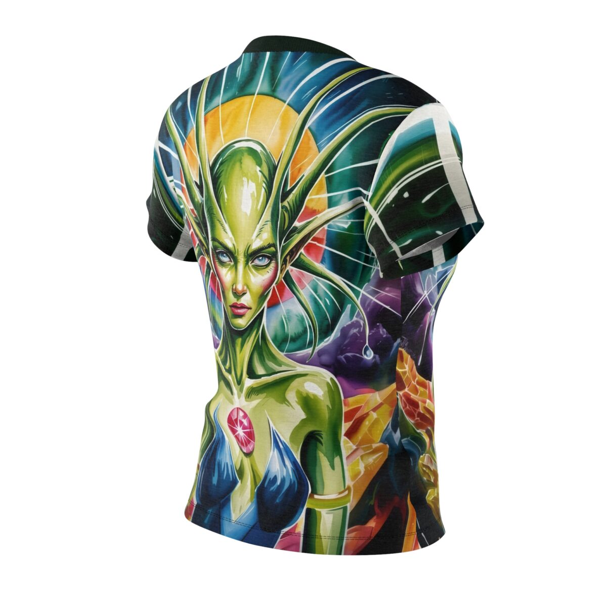 Alien portrait sublimation tee, featuring a vibrant green alien with blue eyes against a psychedelic sunset and cosmic background graphic.
