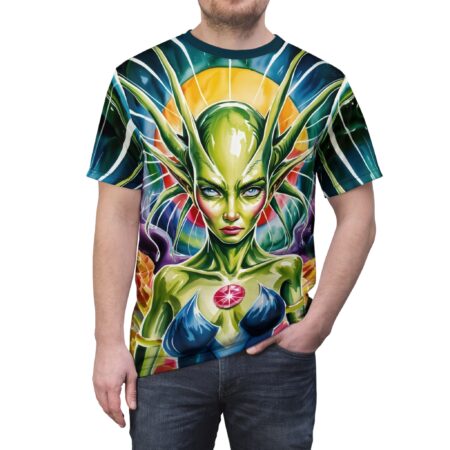 Alien portrait all over print sublimation tee, featuring a green alien with large horns and intense blue eyes against a vibrant cosmic background.