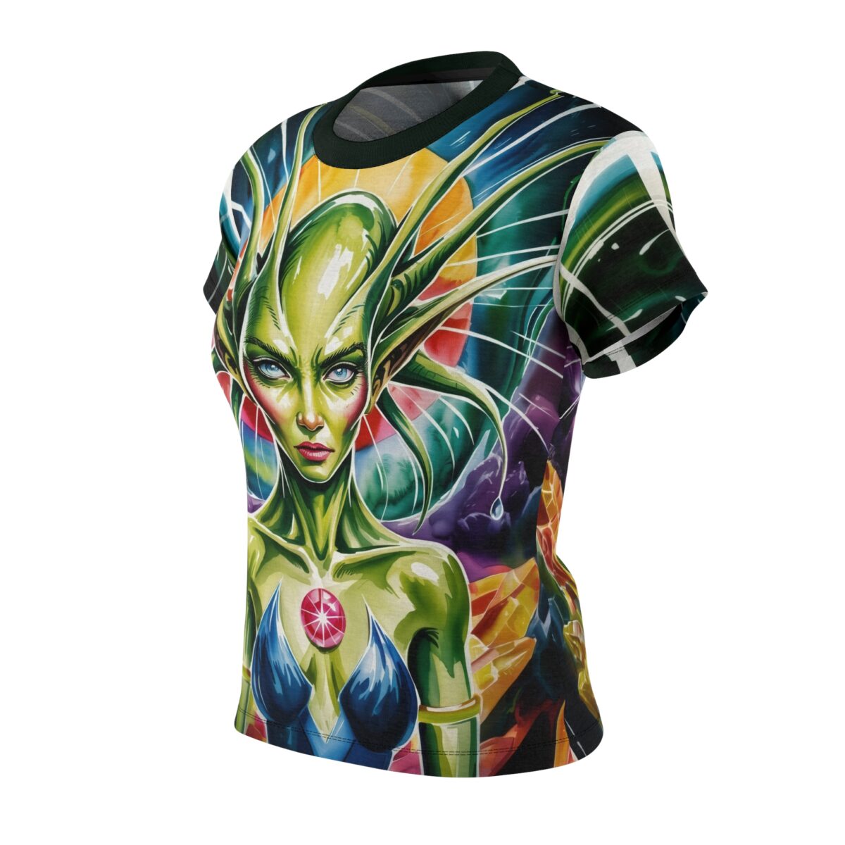 Green alien queen sublimation tee featuring a vibrant psychedelic wrap around graphic, trippy festival aesthetic.