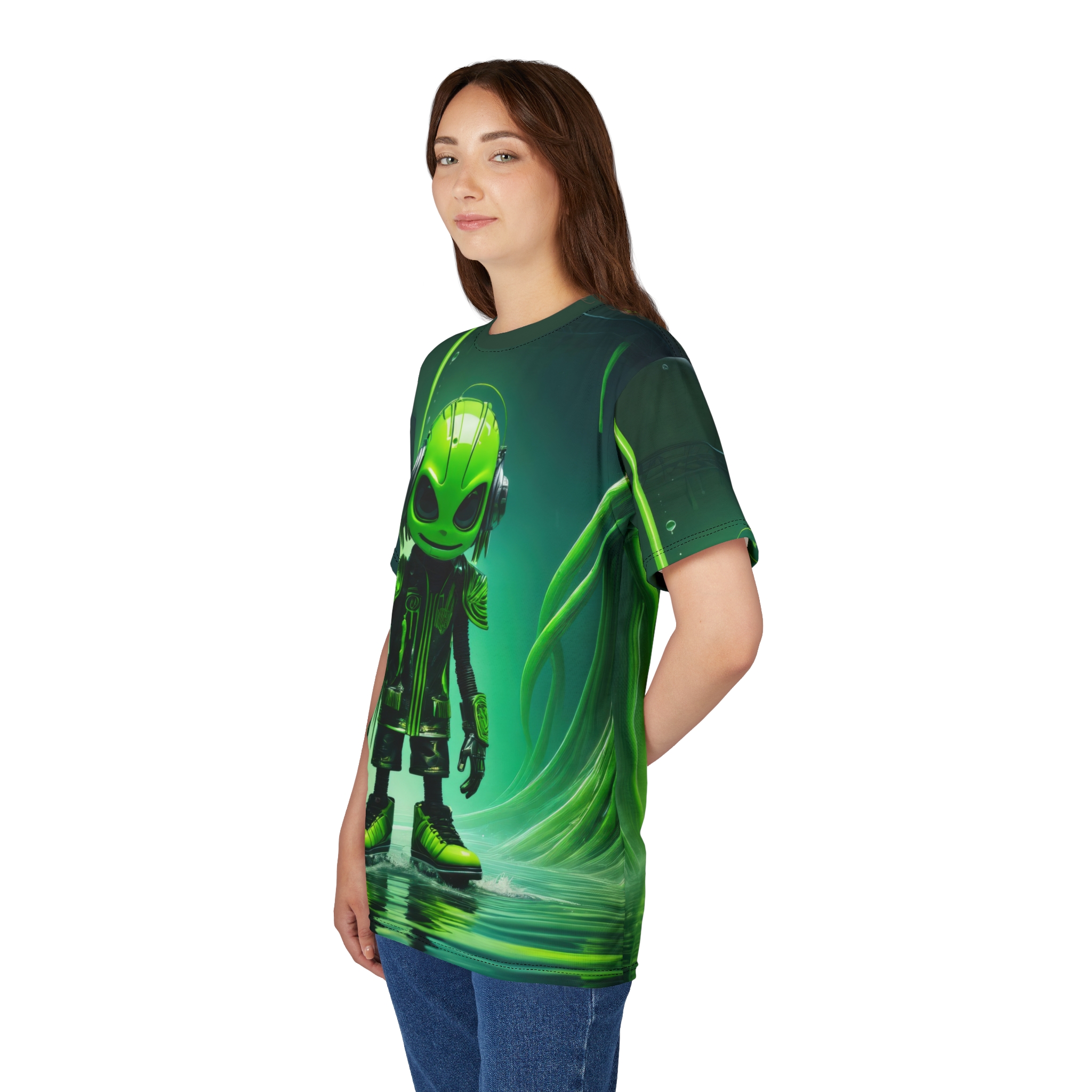 Alien Vibes Unisex All Over Print T-Shirt with Vivid Green Design - Image 5