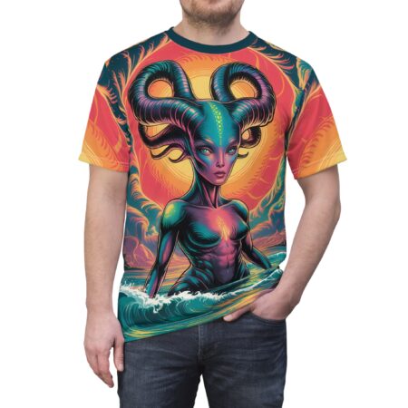 Vibrant oranges, yellows, and teal blues cover this full print shirt, depicting a mystical alien figure with large horns emerging from swirling ocean waves.