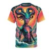 Alien woman with large horns and glowing eyes, submerged in water with waves, set against a vibrant sun background.