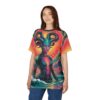 All over print sublimation tee featuring a colorful alien zodiac graphic with horns emerging from ocean waves under a vibrant sunset.