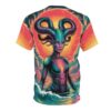 Trippy festival all over print sublimation tee with a neon alien figure and astrological sun graphic.