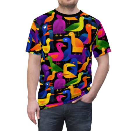 All over print t-shirt with a repeating pattern of colorful cartoon birds on a black background.