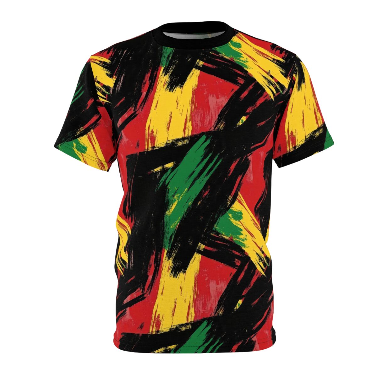 Bold red, yellow, and green brush strokes with black accents cover this all over print apparel, creating a dynamic, Rasta-inspired design.
