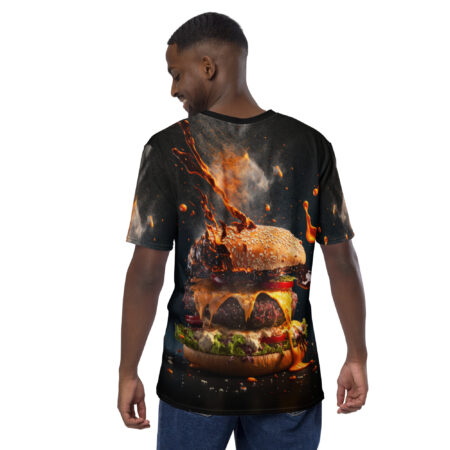 Orange sauce drips and smoke surround a double-decker burger with melted cheese across this full print shirt.