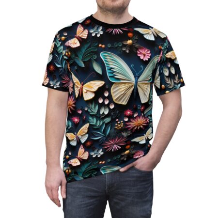 All over print sublimation tee with a seamless wrap around graphic of detailed butterflies and vibrant floral elements on a dark background.