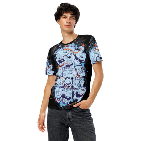 Light blue and purple cartoon monsters with orange splatters cover this full print shirt, with black background details.