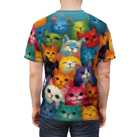 Bright oranges, blues, greens, pinks, and yellows form a crowded collage of happy cat faces, each with expressive eyes and whiskers.