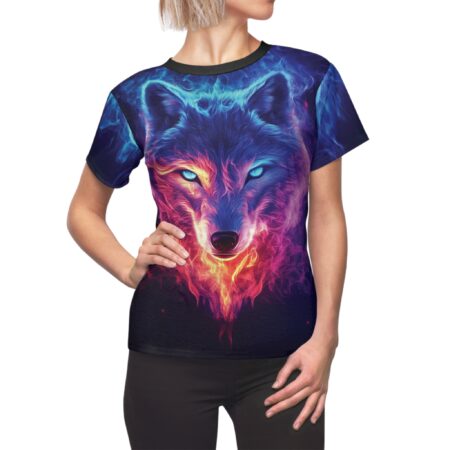 Vibrant cyber grunge all over print t-shirt with a glowing wolf head graphic, featuring seamless sublimation in blue, purple, red, orange, yellow hues.