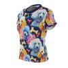 All over print sublimation tee featuring a vibrant pattern of various poodles and dog bones on a dark blue background.