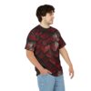 Deep crimson and metallic grey scales cover this patterned tee shirt, evoking a fierce dragon's hide.