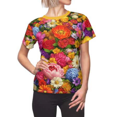 Vibrant all over print floral t-shirt, featuring a seamless arrangement of colorful roses, peonies, and daisies with a yellow crew neck.