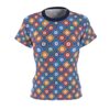 All over print t-shirt with a retro floral pattern in blue, red, orange, and green squares.