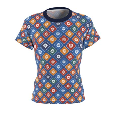 All over print t-shirt with a retro floral pattern in blue, red, orange, and green squares.