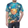 All over print sublimation tee showcasing a vibrant fantasy garden with large orange, blue, and white flowers on a deep blue background.