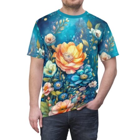 All over print sublimation tee showcasing a vibrant fantasy garden with large orange, blue, and white flowers on a deep blue background.