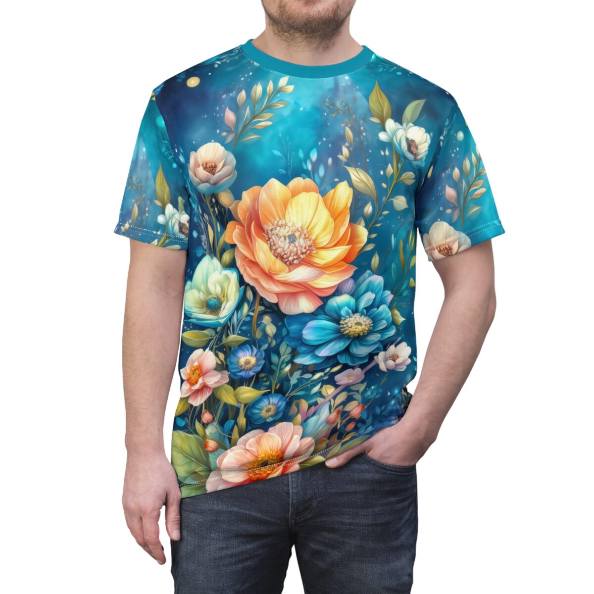 All over print sublimation tee showcasing a vibrant fantasy garden with large orange, blue, and white flowers on a deep blue background.