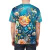 Vibrant blue all over print sublimation tee featuring a dynamic floral garden design with orange, teal, and white flowers.
