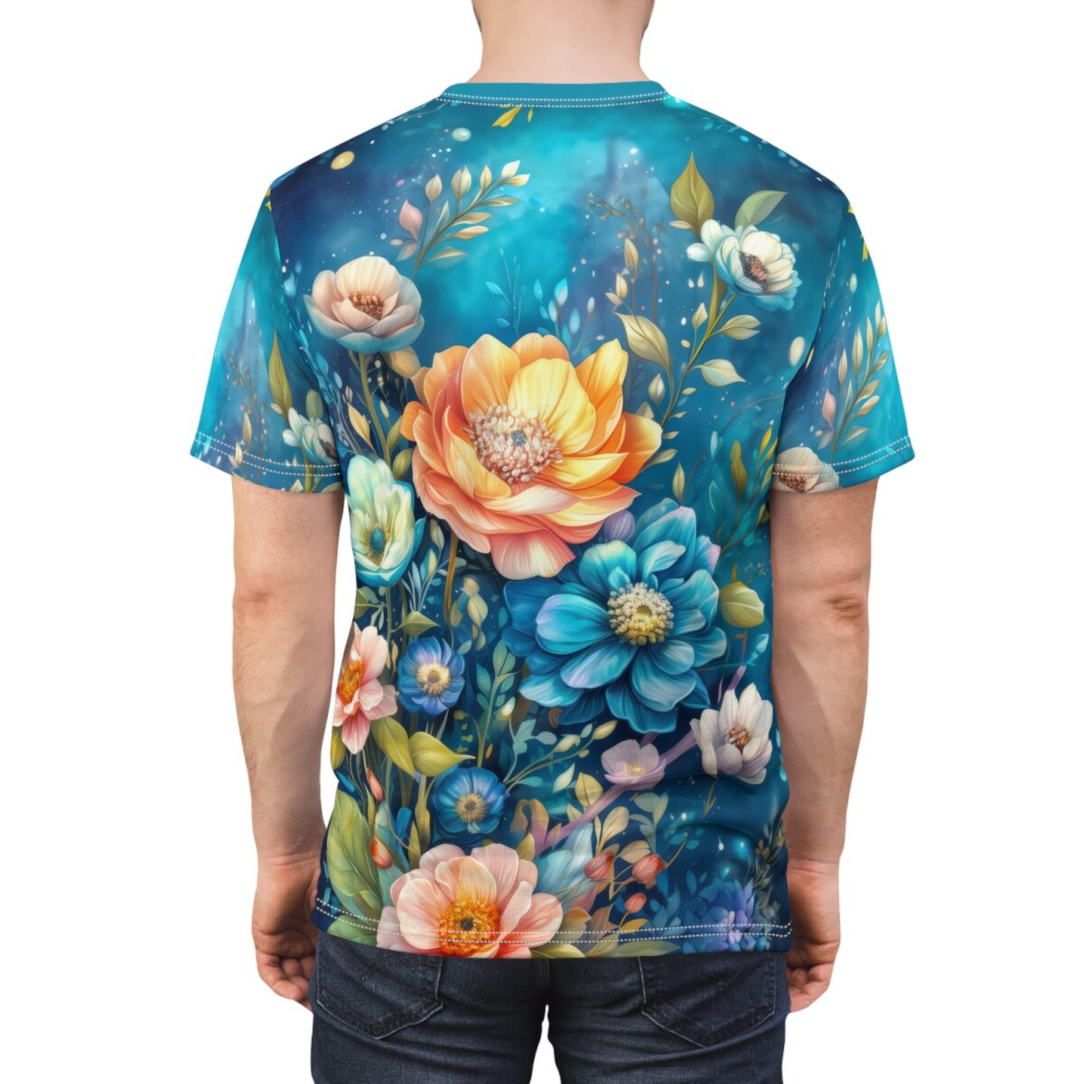 Vibrant blue all over print sublimation tee featuring a dynamic floral garden design with orange, teal, and white flowers.