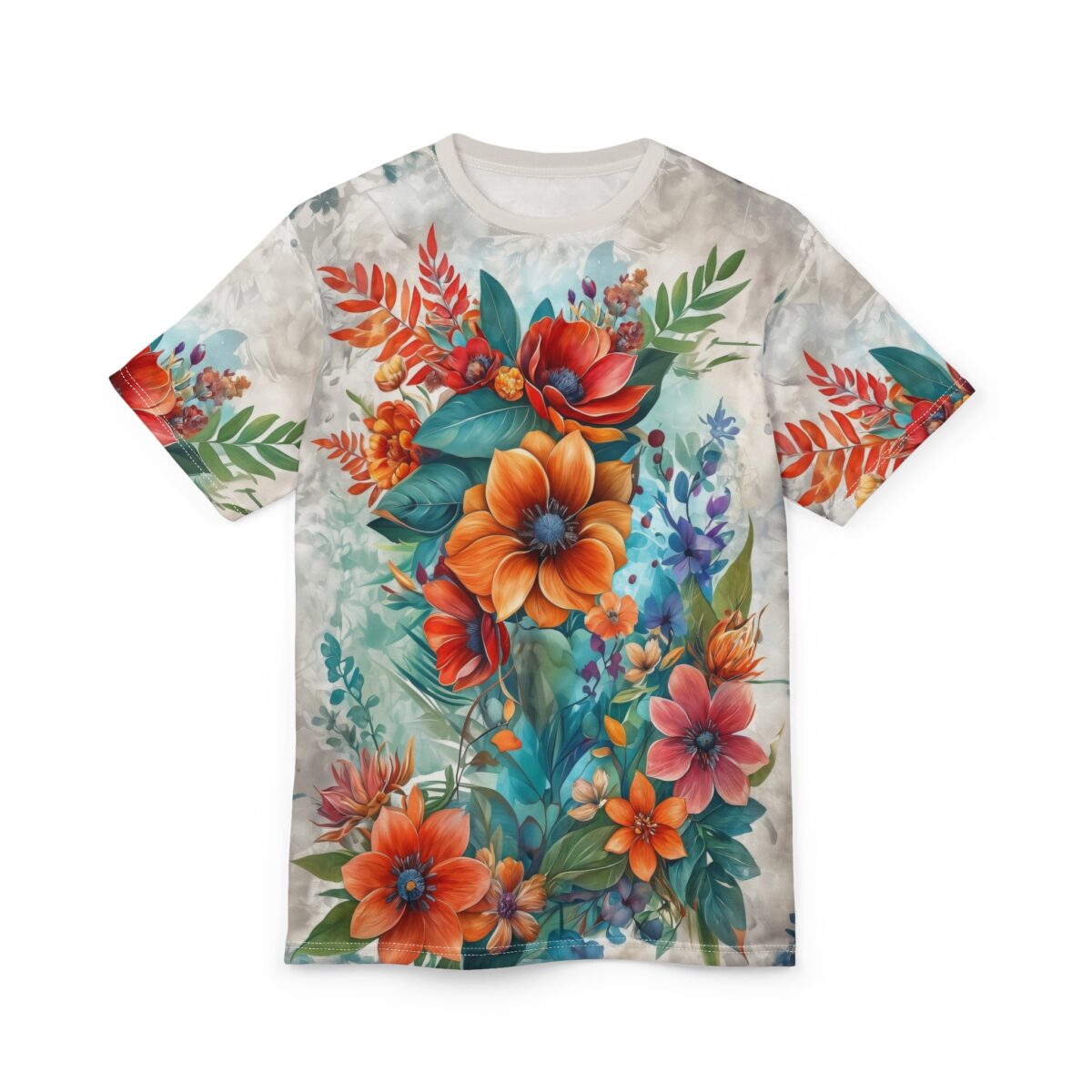 All over print sublimation tee featuring vibrant orange, red, and pink flowers with lush green leaves and a subtle abstract background.