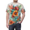 Vibrant all over print sublimation tee featuring a bold floral design with large orange flowers and lush green foliage.