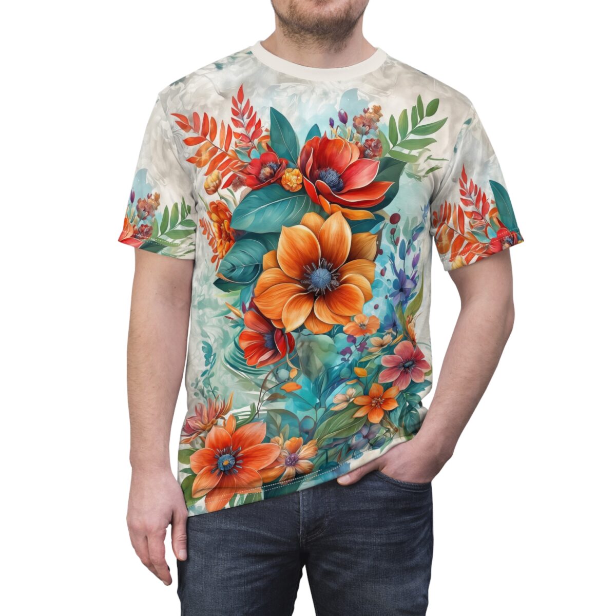 Vibrant all over print sublimation tee featuring a bold floral design with large orange flowers and lush green foliage.