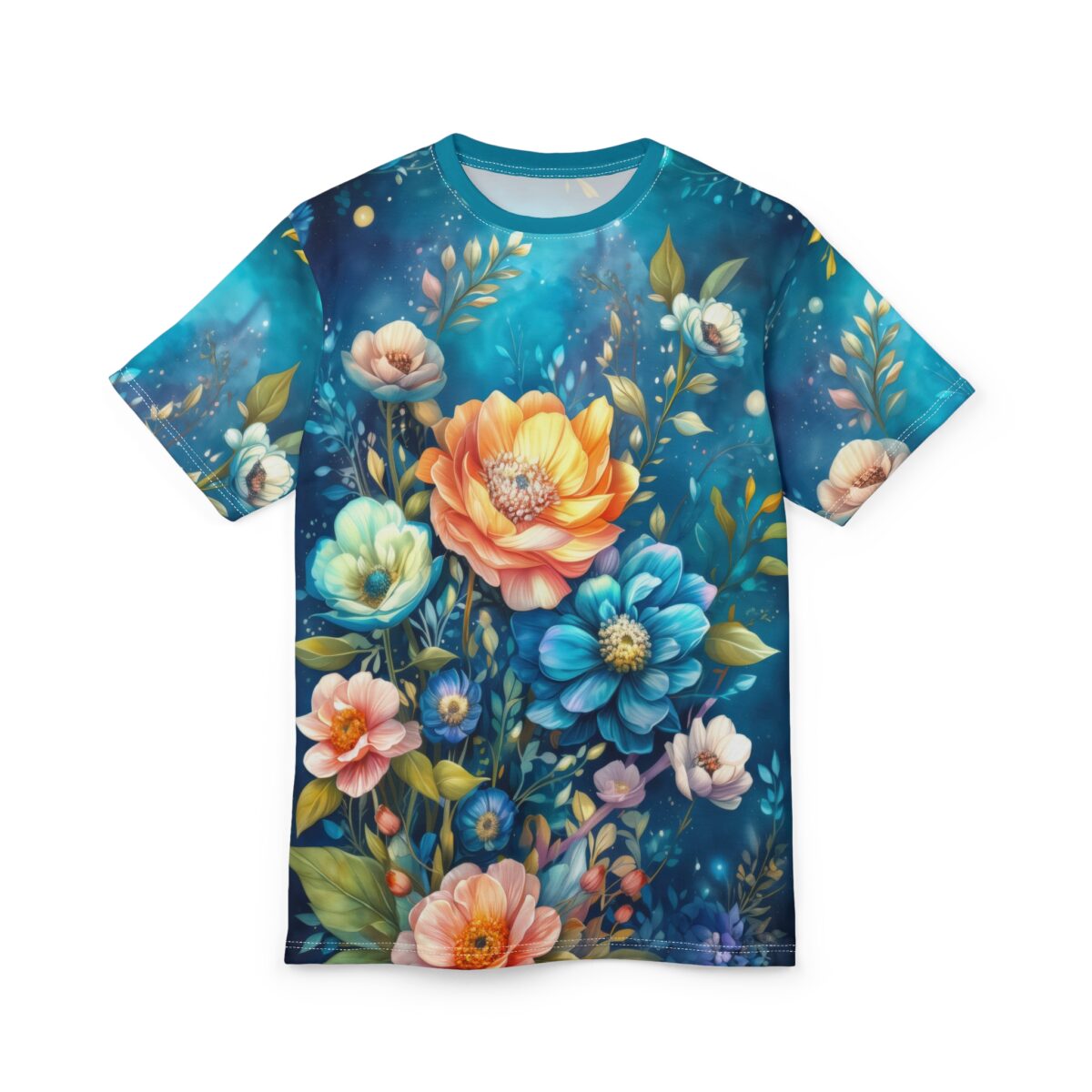 Vibrant teal, orange, blue, and pink flowers and foliage cover this full print shirt, set against a dark, starry, celestial background.