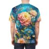 Vibrant blue garden floral all over print sublimation tee, featuring large pink, peach, and blue flowers with green foliage.