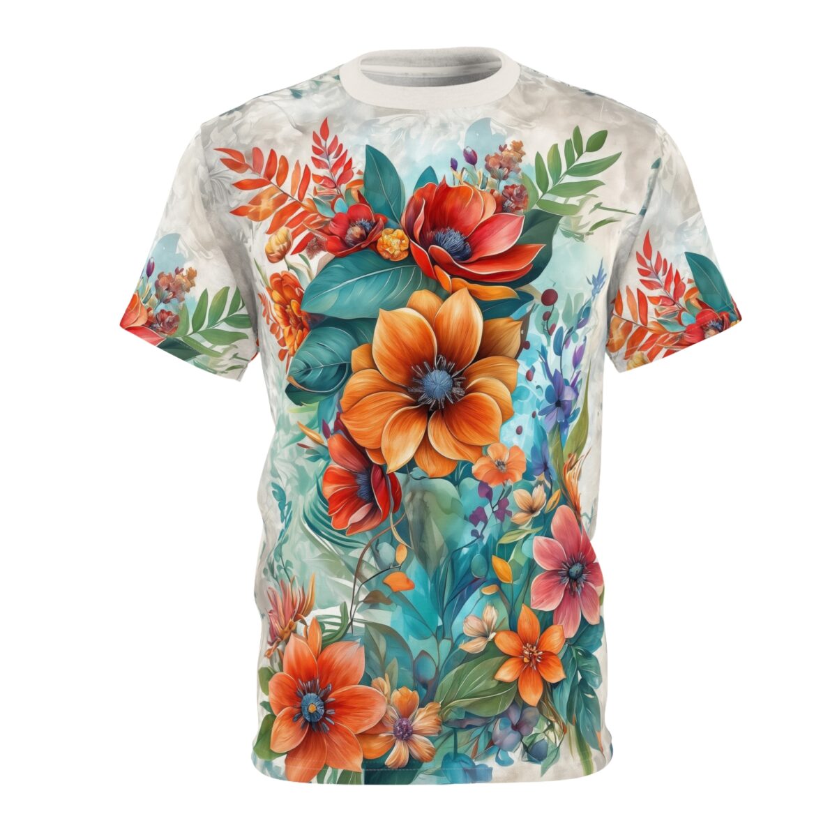 Vibrant orange and red floral all over print sublimation tee featuring tropical leaves and watercolor background.
