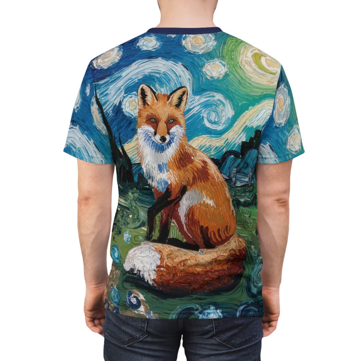 Orange fox sitting on green grass with a starry night sky background, all over print sublimation tee.