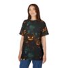 Spooky jack-o'-lanterns, dark trees, and falling leaves cover this graphic streetwear tee, with a misty forest background.