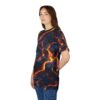 Fiery reds and glowing yellows depict molten rock and dark textures cover this full print shirt, showing a dynamic lava flow.
