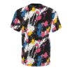 Vibrant pink, blue, and yellow paint splatters with white streaks cover this black full print shirt, creating a dynamic abstract design.