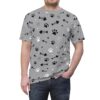 Black and white paw prints and fish skeletons cover this grey all over print t-shirt, scattered with small white dots.