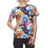 Multicolor poodle dogs and colorful bones all over print sublimation tee with seamless wrap around graphic.