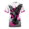 Black and pink abstract shapes and lines cover this graphic streetwear tee, featuring a detailed raven mid-flight with "FLIGHT ERROR" text.