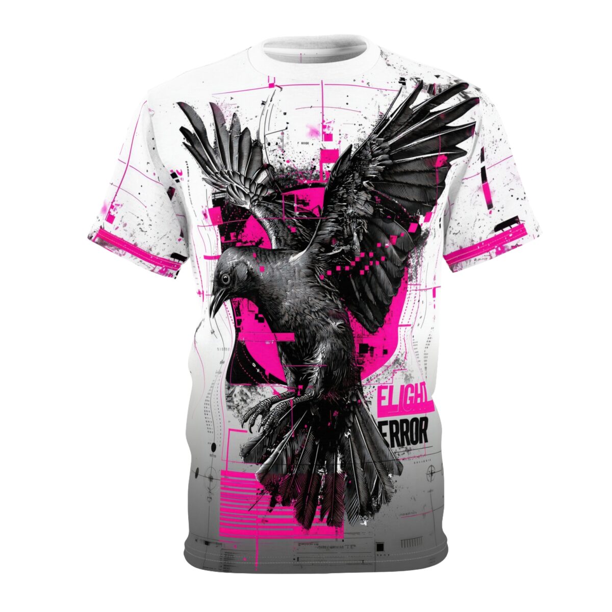 Black and pink abstract shapes and lines cover this graphic streetwear tee, featuring a detailed raven mid-flight with "FLIGHT ERROR" text.