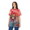 Vivid reds, pinks, blues, and yellows swirl around a detailed skull on this graphic streetwear tee.