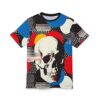 This all over print t-shirt features a bold skull graphic surrounded by colorful circles and a halftone dot pattern. The seamless print wraps around the entire garment.
