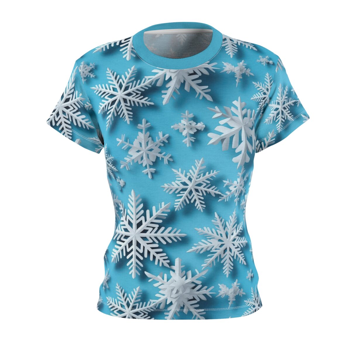 Blue sublimation tee with an all over print of white 3D snowflakes, featuring a seamless wrap around graphic.