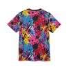 Pink, blue, yellow, red, and purple paint splatters with black and white accents cover this 3D graphic t-shirt, creating a chaotic, abstract art design.