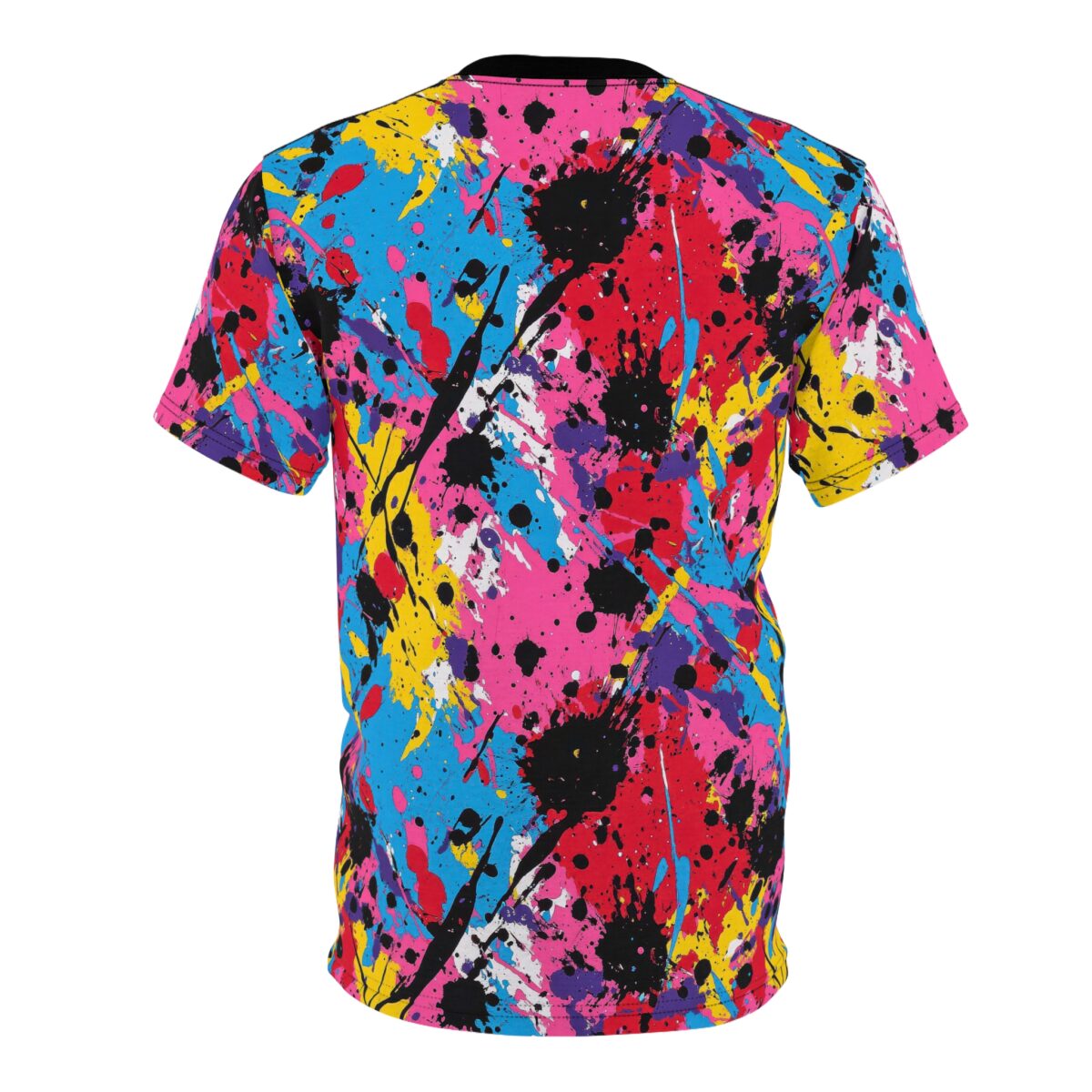 Vibrant all over print sublimation tee featuring a dynamic splatter paint design with pink, blue, yellow, and black accents.