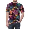 Vivid purples, teals, oranges, and yellows form a dense pattern of succulent plants covering this 3D graphic t-shirt.
