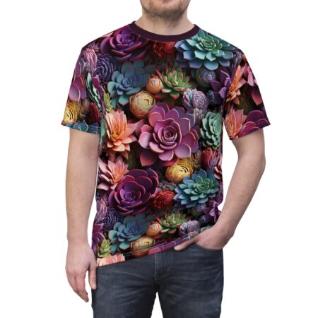 Vivid purples, teals, oranges, and yellows form a dense pattern of succulent plants covering this 3D graphic t-shirt.