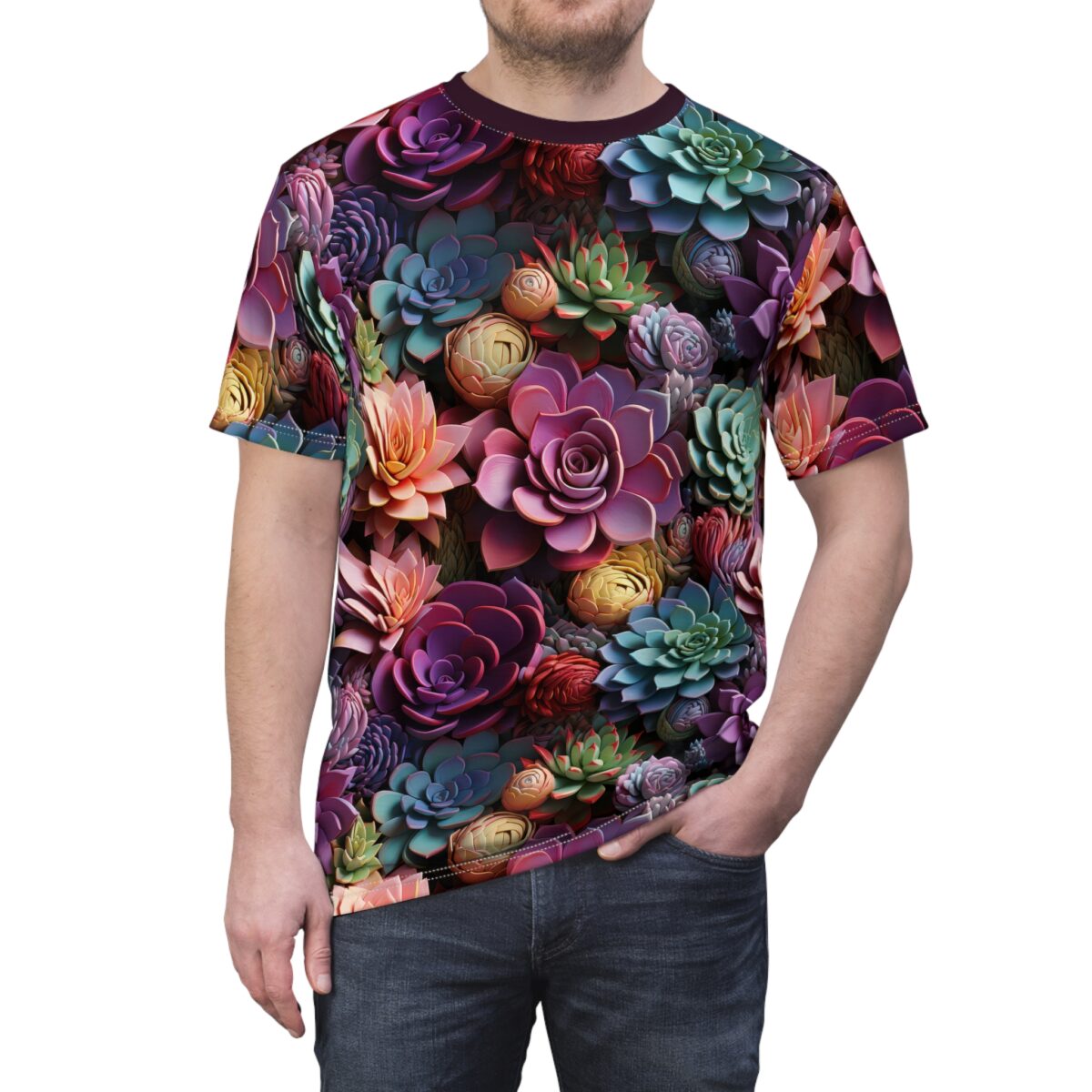 Vivid purples, teals, oranges, and yellows form a dense pattern of succulent plants covering this 3D graphic t-shirt.