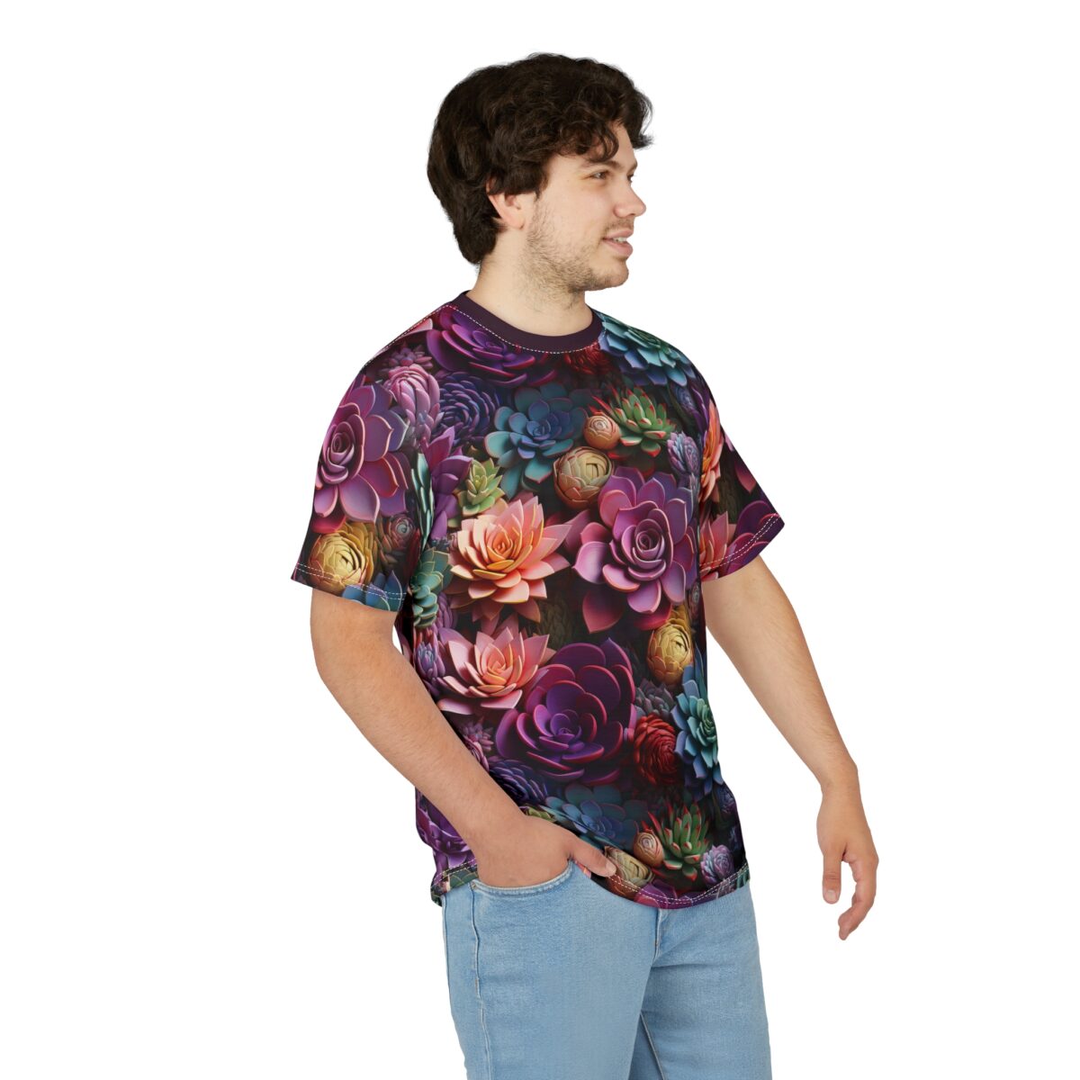 All over print t-shirt with a vibrant, detailed succulent floral graphic, featuring rich purples, pinks, and greens.