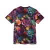 All over print t-shirt showcasing a vibrant, seamless garden of multicolored succulents in shades of pink, purple, teal, and yellow.