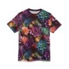 Vibrant purples, blues, greens, and oranges depict a dense arrangement of lush succulents, filling the entire surface of the t-shirt.